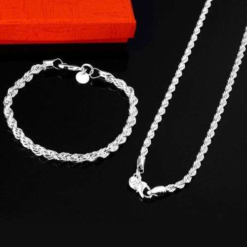 ***** 925 Silver plated 4 mm twisted rope necklace & bracelet set*****
