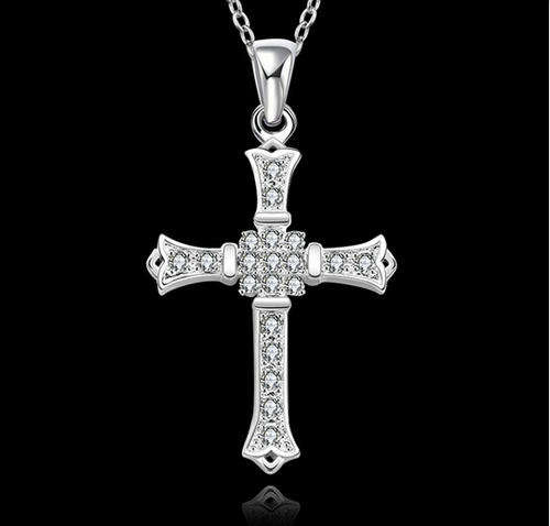 Beautiful & elegant 925 Sterling silver plated crystal cross pendant and necklace