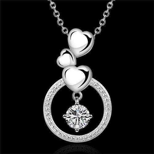 Beautiful 925 sterling silver plated triple heart circle crystal  pendant & necklace