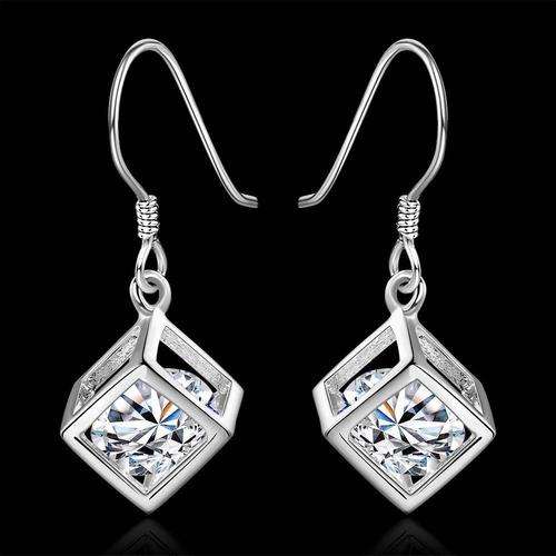 *New* 925 Sterling silver plated crystal cube dangle earrings