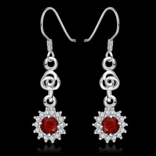 *New* 925 Sterling silver plated red Austrian crystal dangle earrings
