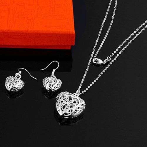 925 Sterling silver plated filigree style heart pendant necklace & earrings
