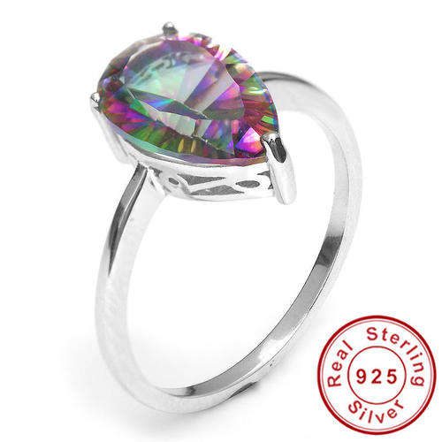 3ct Natural Rainbow Fire Mystic Topaz Ring Pear Concave Cut Solid S925 Sterling Silver