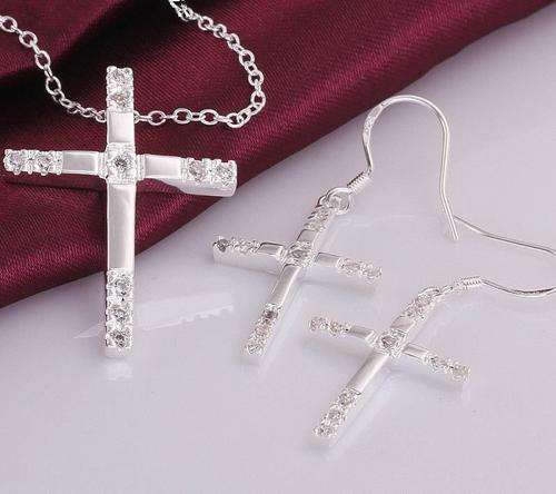 Beautiful 925 Sterling silver plated cross pendant necklace and earrings set with crystal inlay