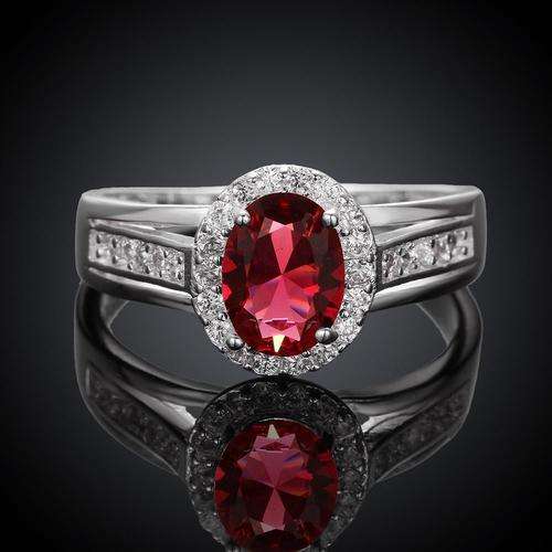 Gorgeous 925 sterling silver plated red Auatrian crystal ring with accents size 8/Q