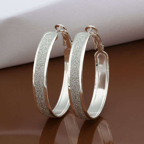 Beautiful 925 sterling silver plated hoop earrings with frosted look detail