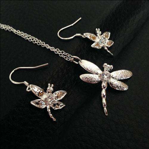 ***GORGEOUS*** 925 Silver Plated Dragonfly Earrings Pendant Necklace Set