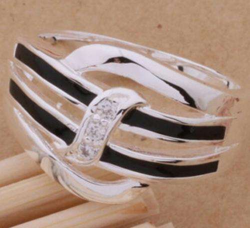 *NEW* 925 Silver Plated Austrian Crystal Ring With Black Inlay