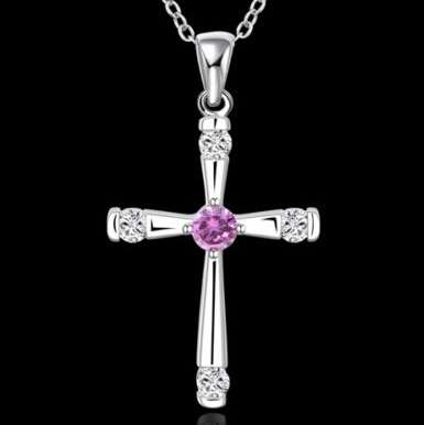 *STUNNING*  925 Sterling silver plated Purple/Clear Austrian crystal cross pendant and necklace