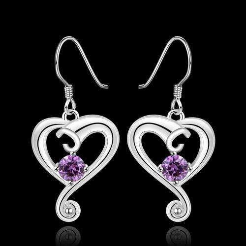 Gorgeous  925 Silver Plated purple Austrian crystal heart earrings -Anti-allergic