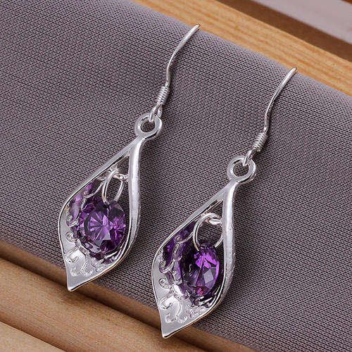 925 Silver plated purple Austrian crystal dangle earrings - Nickle free/anti-allergic