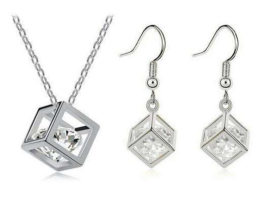 925 Silver plated Cubic Zirconia Cube Pendant Necklace & Earrings Set - Nickle free / Anti-allergic