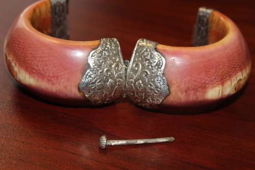 Antique Indian Ivory Cuff Bracelet, tooled Sterling Silver fittings with Buddha Motif circa 1800s