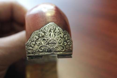Antique Indian Ivory Cuff Bracelet, tooled Sterling Silver fittings with Buddha Motif circa 1800s