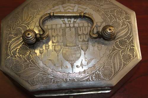 Antique Colonial Betel nut Box with hand inscribed design circa 1850s with saddle clip 15cm x 10cm