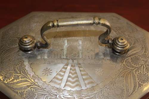 Antique Colonial Betel nut Box with hand inscribed design circa 1850s with saddle clip 15cm x 10cm