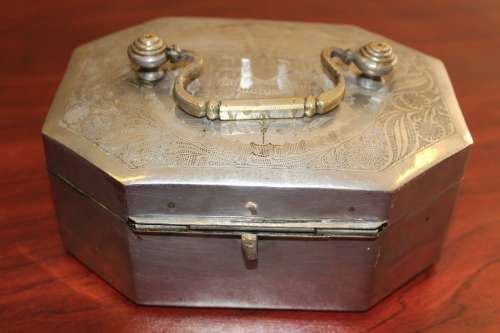 Antique Colonial Betel nut Box with hand inscribed design circa 1850s with saddle clip 15cm x 10cm