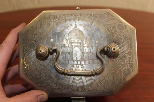 Antique Colonial Betel nut Box with hand inscribed design circa 1850s with saddle clip 15cm x 10cm