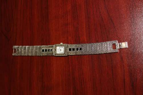 Art Deco Style Wristwatch set with black glass and marcasites (untested)