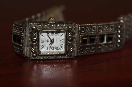 Art Deco Style Wristwatch set with black glass and marcasites (untested)