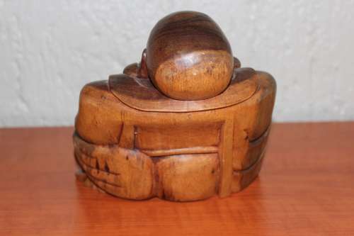 VINTAGE HANDCARVED HARDWOOD CHINESE BUDDHA 17CM TALL BY 18CM