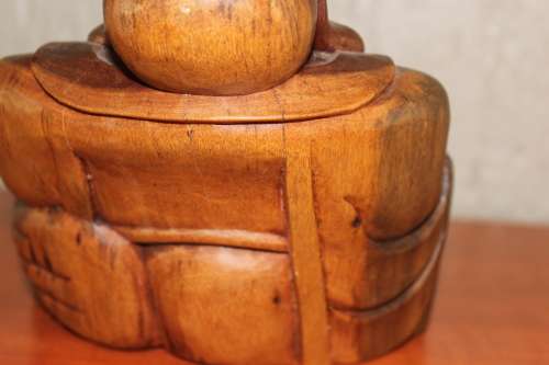 VINTAGE HANDCARVED HARDWOOD CHINESE BUDDHA 17CM TALL BY 18CM
