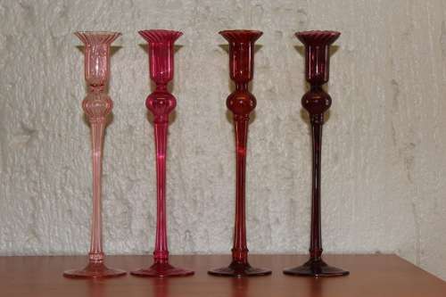 SET OF FOUR VINTAGE VENETIAN HANDBLOWN GLASS CANDLE HOLDERS 28.5CM TALL BY 7.6CM WIDE CIRCA 1920S