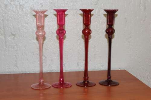 SET OF FOUR VINTAGE VENETIAN HANDBLOWN GLASS CANDLE HOLDERS 28.5CM TALL BY 7.6CM WIDE CIRCA 1920S
