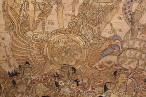 MASSIVE THAI RELIGIOUS PAINTING WATERCOLOUR AND INK ON CANVAS 201CM WIDE BY 114CM TALL