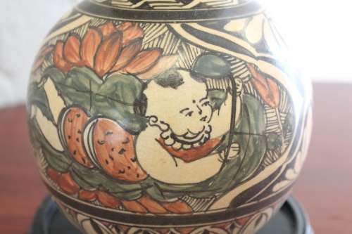 ANTIQUE CHINESE POLYCHROME HAND PAINTED DOUBLE GOURD VASE 27.5CM TALL BY 15CM WIDE +STAND