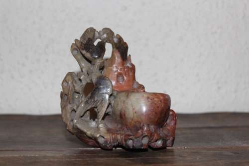 Antique Chinese Hand Carved Stone Brush Pot 11cm tall by 10.5cm wide
