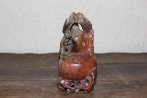 Antique Chinese Hand Carved Stone Brush Pot 11cm tall by 10.5cm wide