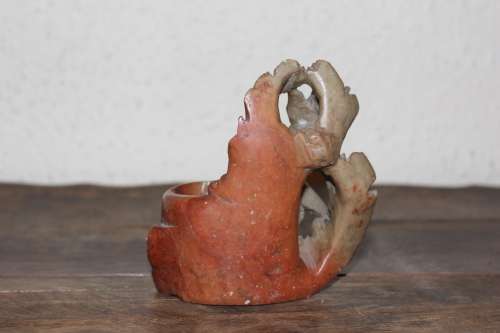Antique Chinese Hand Carved Stone Brush Pot 11cm tall by 10.5cm wide