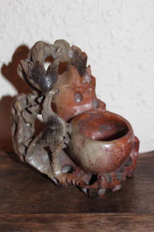 Antique Chinese Hand Carved Stone Brush Pot 11cm tall by 10.5cm wide
