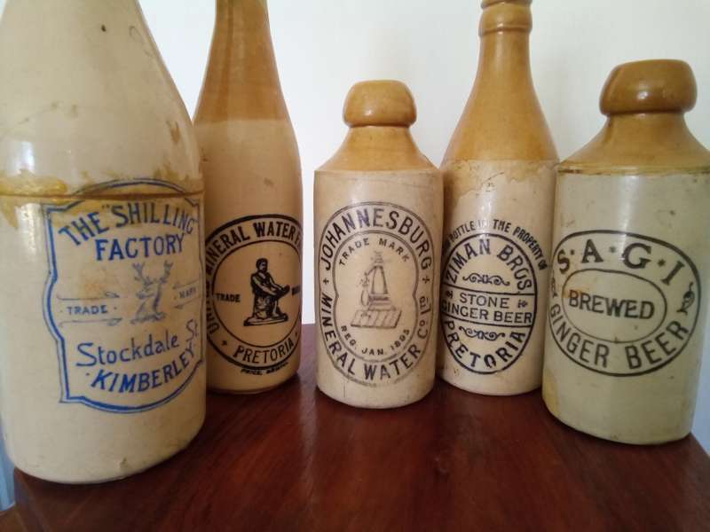 Collection of 7 Antique Stoneware, Ginger Beer and Spring Water Bottles