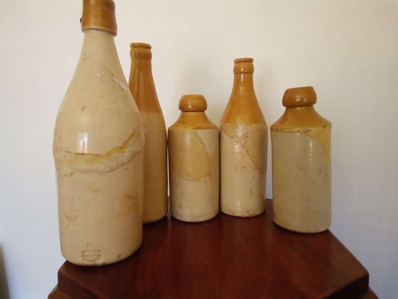 Collection of 7 Antique Stoneware, Ginger Beer and Spring Water Bottles
