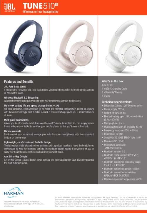 JBL T510BT On-Ear Wireless Bluetooth Headphones