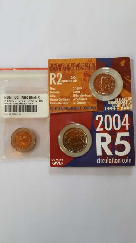 2004 -2 Rand and 5Rand, plus 2008 Madela 5 Rand as issued by SA Mint