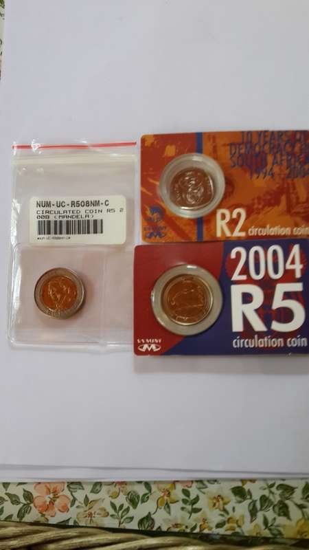 2004 -2 Rand and 5Rand, plus 2008 Madela 5 Rand as issued by SA Mint