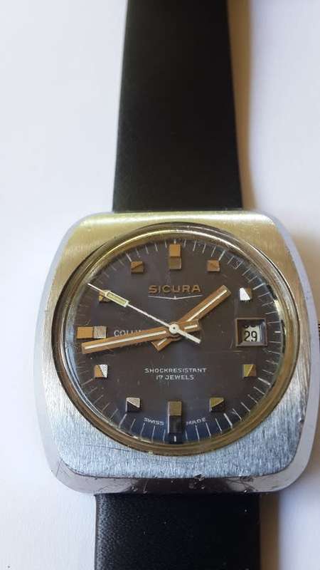 Vintage 1970s Sicura / Collins 17 JLS Swiss Mens Date Watch - Scarce