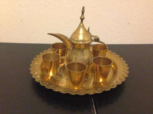 Brass - 8 Piece Brass tea set on tray