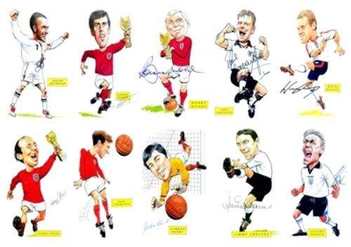 A3 Signed English Football Legends 10 Caricature Special