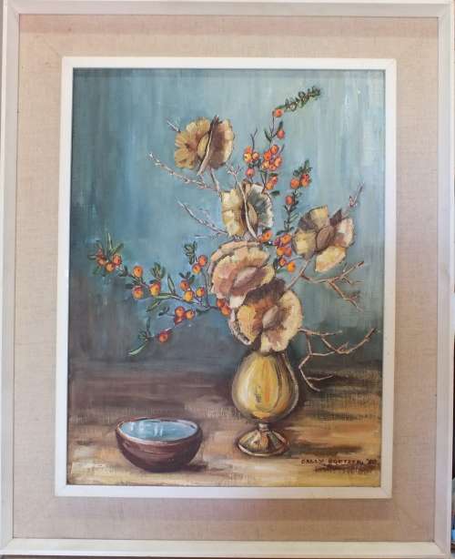 Oil on Board (600mm x 500mm)  "RAASBLAAR" SEED PODS Framed Still Life by Artist Sally Coetzer,