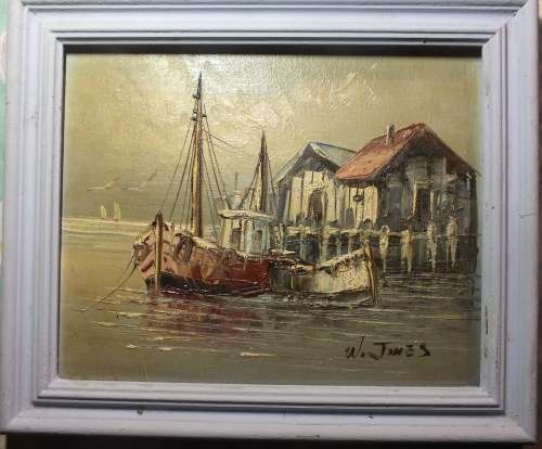 W Jones Acclaimed British Artist Oil on Board Boats in Harbour (#1)
