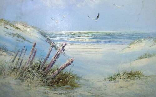 BEAUTIFUL OIL ON BOARD - SERENE BEACH PAINTING WITH SEAGULLS IN THE AIR BY ACCLAIMED ARTIST W BRIAN