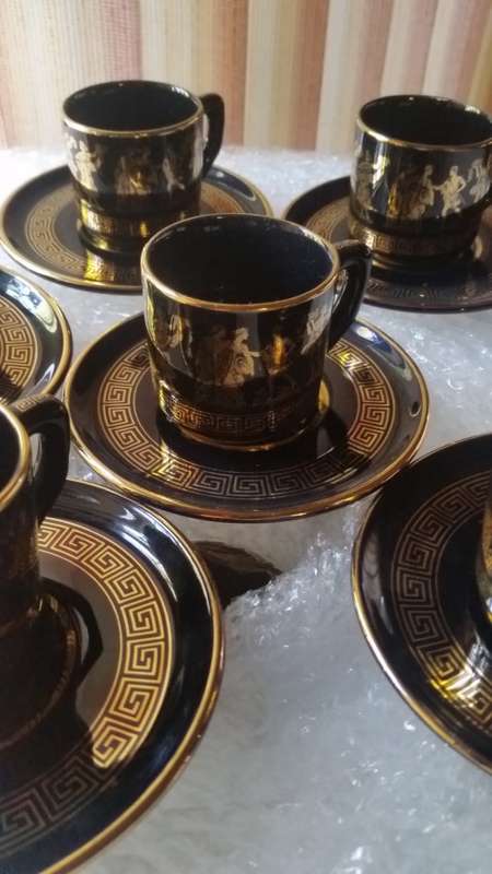 GREEK DEMI-TASSE CUPS AND SAUCERS HAND MADE IN GREECE IN 24 Kt gOLD
