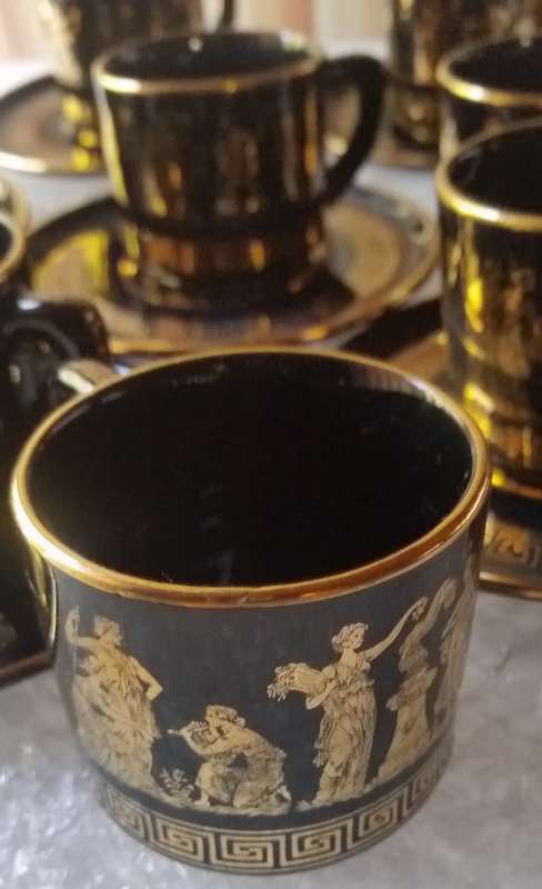 GREEK DEMI-TASSE CUPS AND SAUCERS HAND MADE IN GREECE IN 24 Kt gOLD