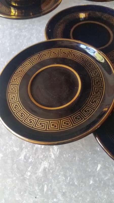 GREEK DEMI-TASSE CUPS AND SAUCERS HAND MADE IN GREECE IN 24 Kt gOLD