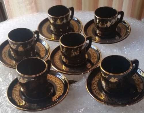 GREEK DEMI-TASSE CUPS AND SAUCERS HAND MADE IN GREECE IN 24 Kt gOLD