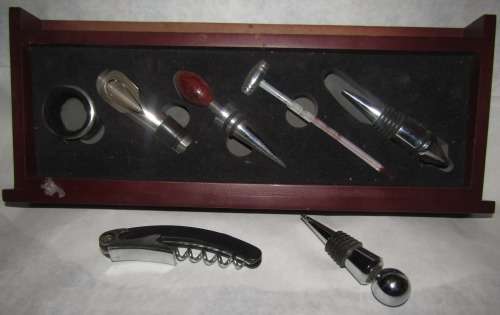 Bar Set In Wooden Stand With Extra Wine Stopper and Cork Screw Bottle Opener